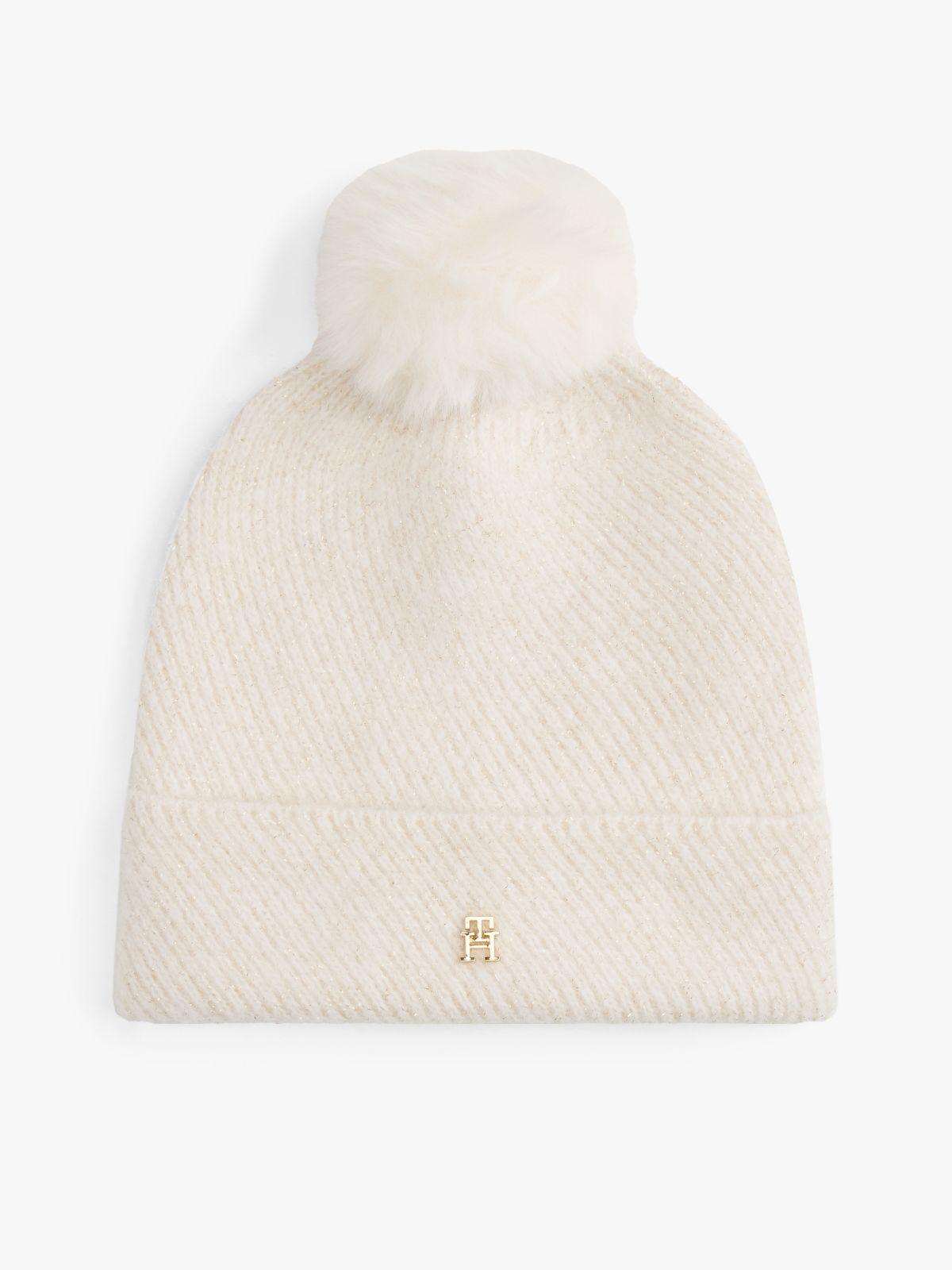 Chic Metallic Pom Pom Beanie — Beige