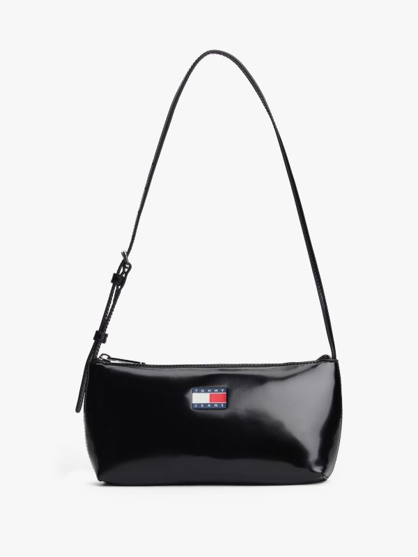 Essential Logo Shiny Shoulder Bag — Black