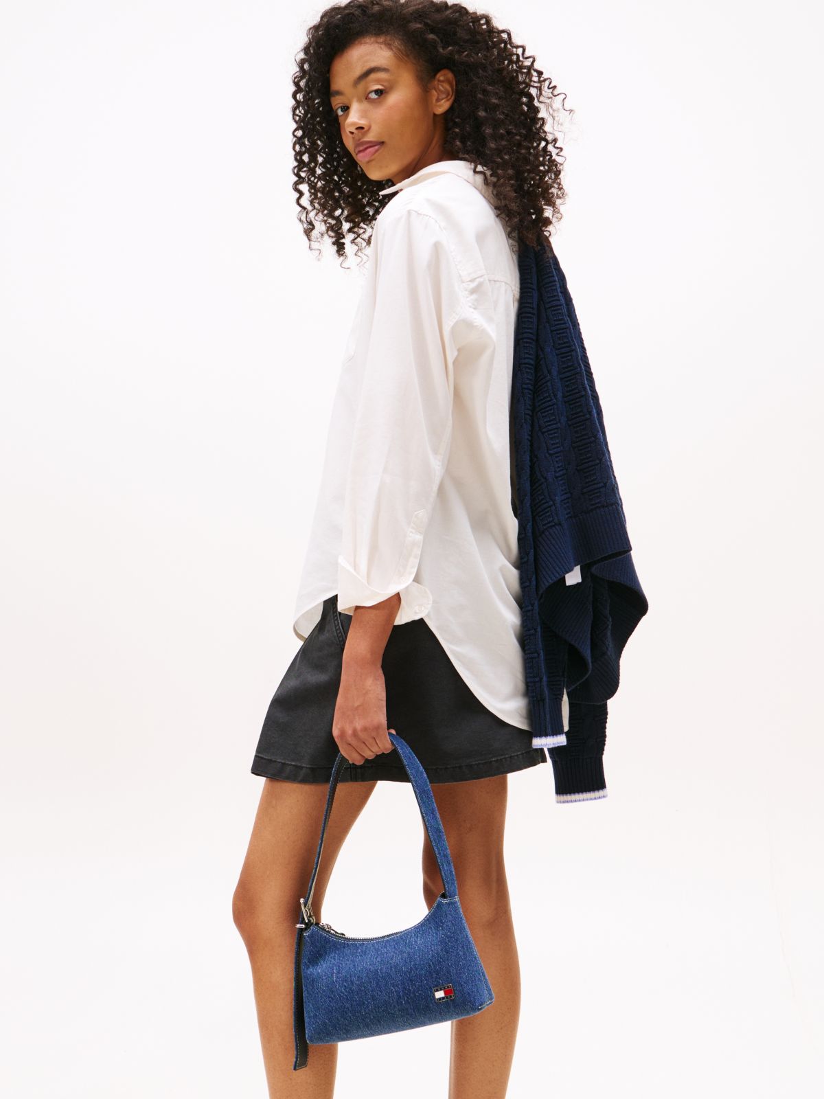 Logo Plaque Denim Shoulder Bag — Blue