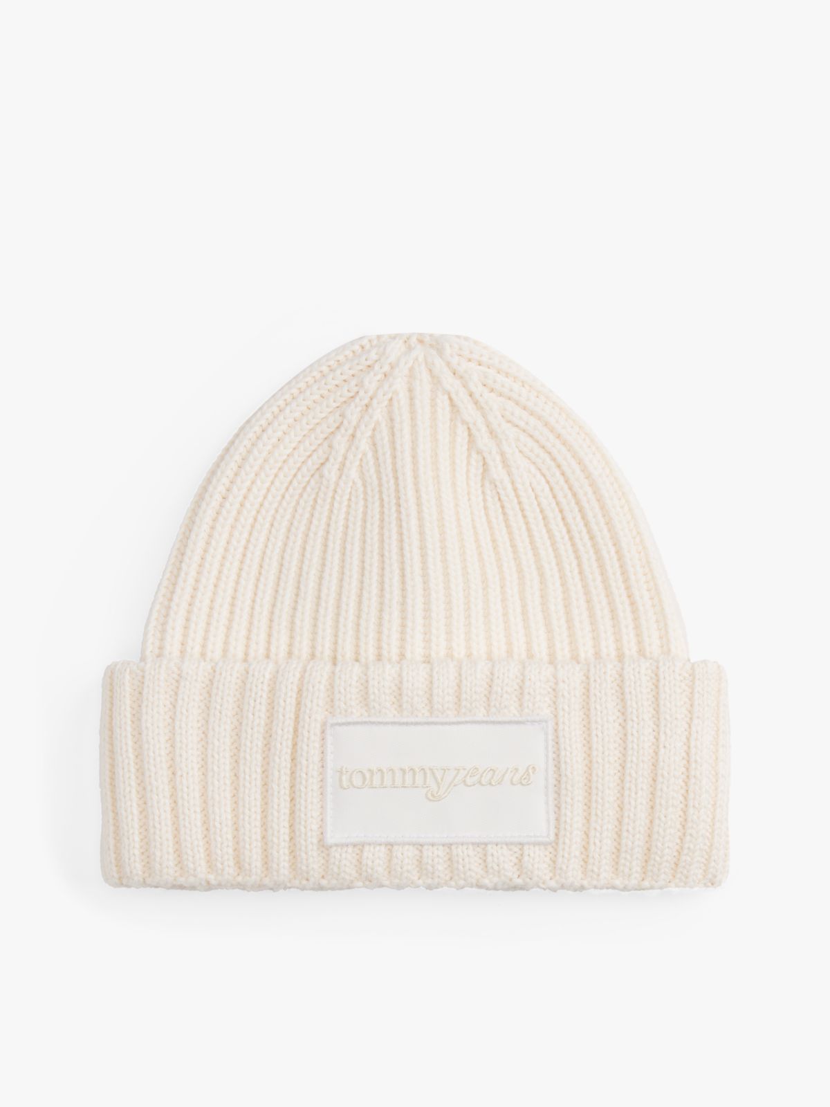 Tonal Logo Patch Rib-Knit Beanie — White