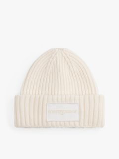 Tonal Logo Patch Rib-Knit Beanie — White 1