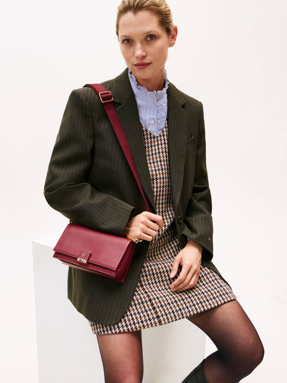 TH Monogram Pebble Grain Crossbody Bag — Red