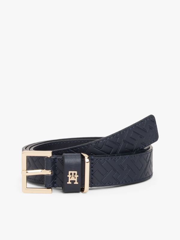 Leather Embossed Logo Belt — Blue