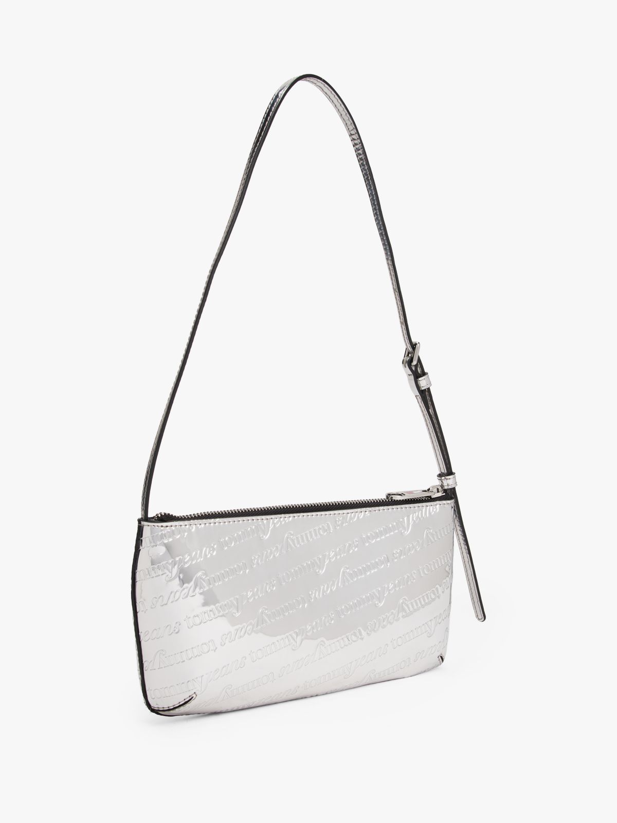 Metallic Debossed Logo Shoulder Bag — Grey