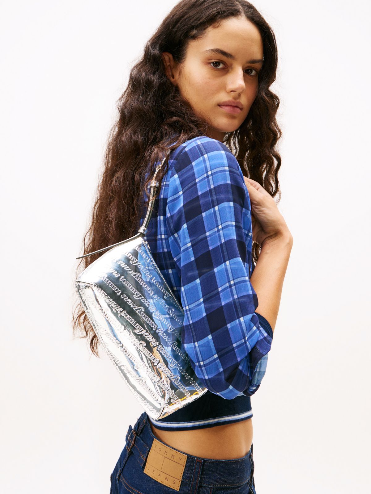 Metallic Debossed Logo Shoulder Bag — Grey