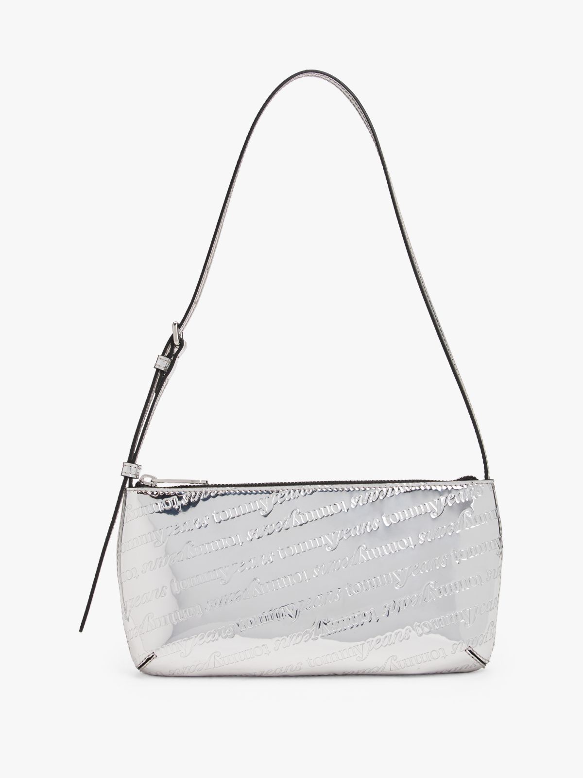 Metallic Debossed Logo Shoulder Bag — Grey