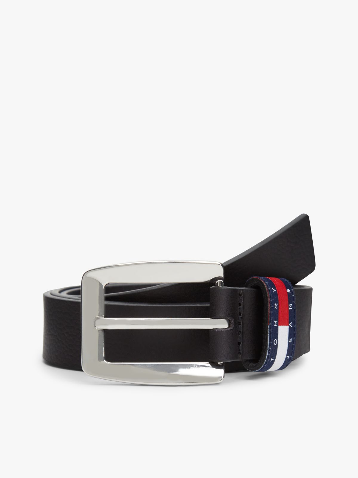 Tommy Flag Square Buckle Leather Belt — Black
