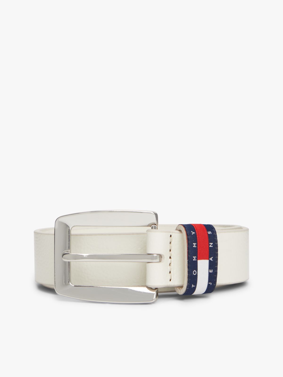 Tommy Flag Square Buckle Leather Belt — White