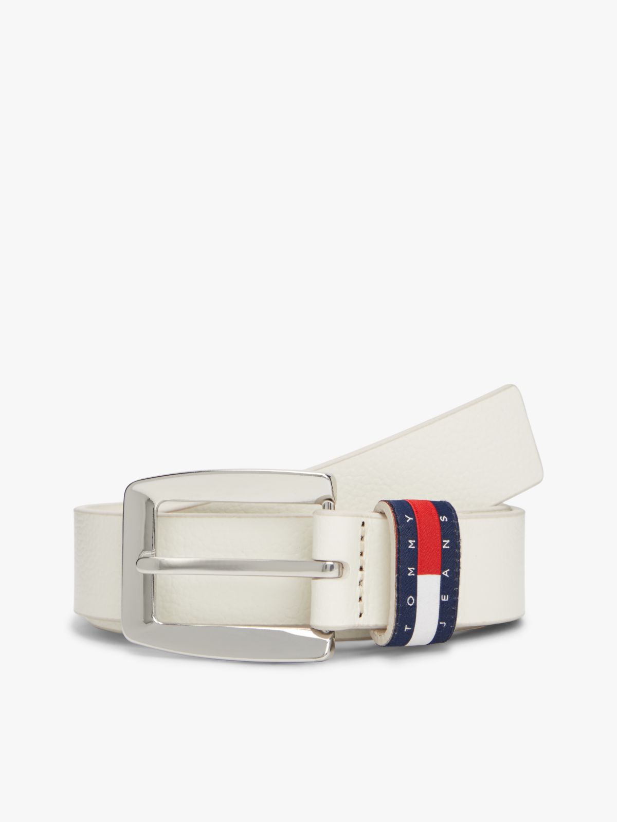 Tommy Flag Square Buckle Leather Belt — White
