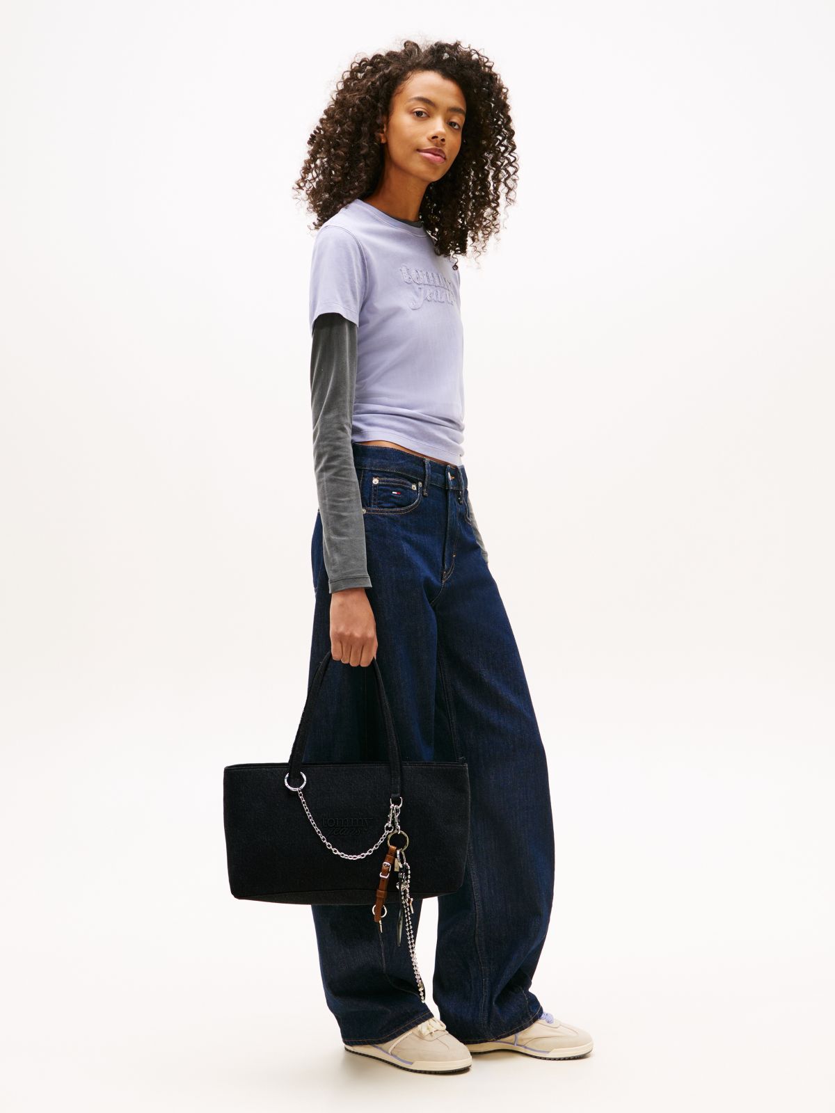 Logo Embroidery Denim Tote Bag — Black