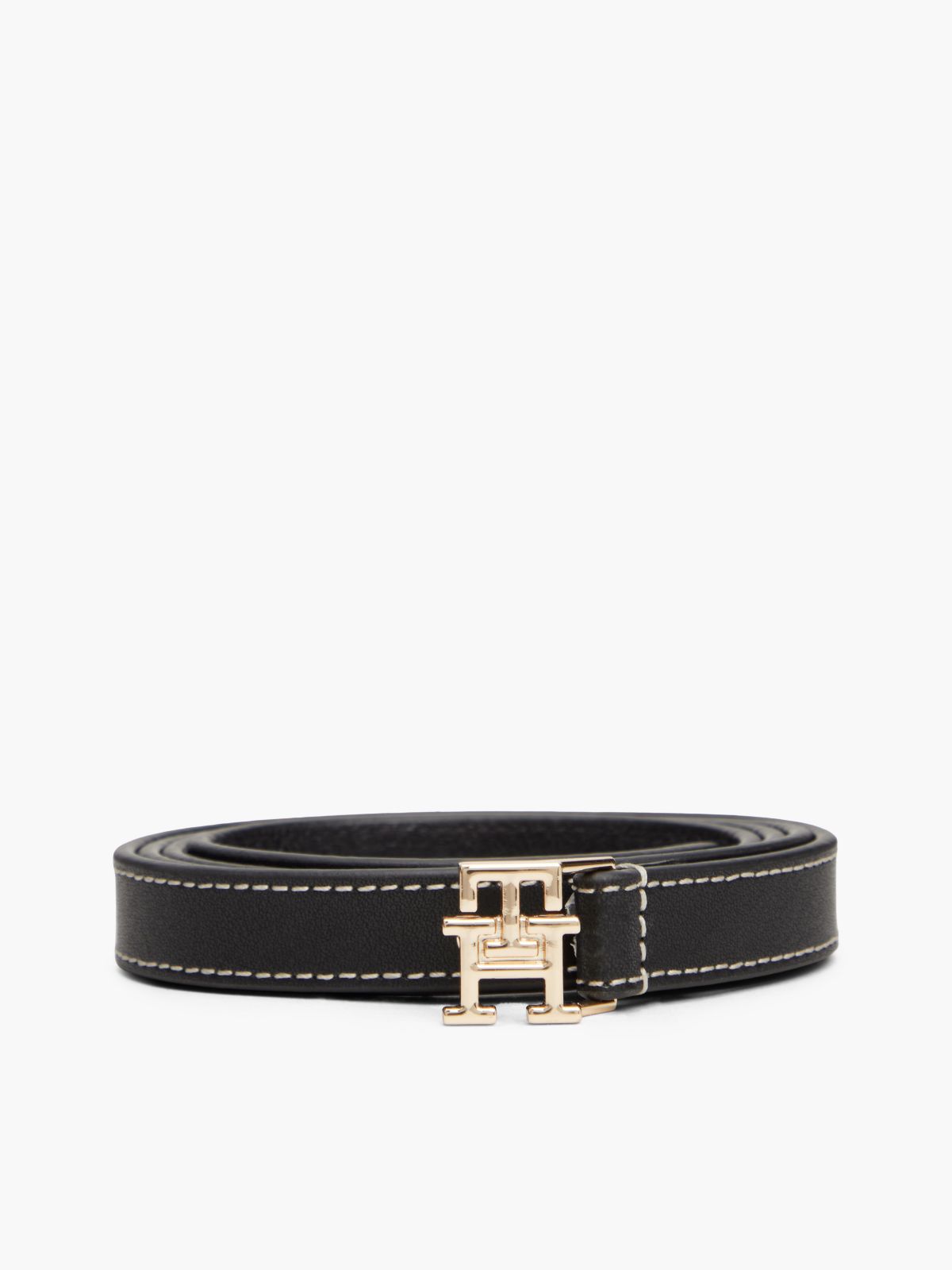 Leather TH Monogram Plaque Buckle Belt — Black