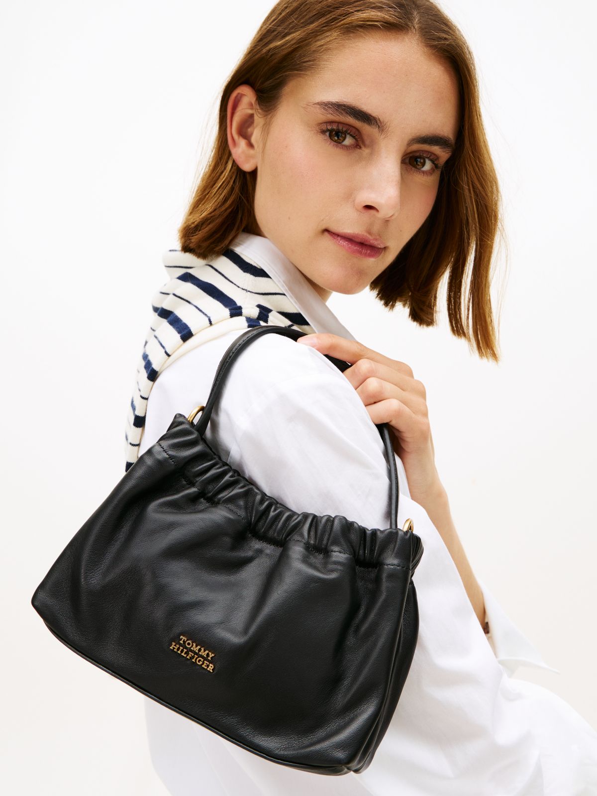 Soft Leather Logo Plaque Crossbody Bag — Black