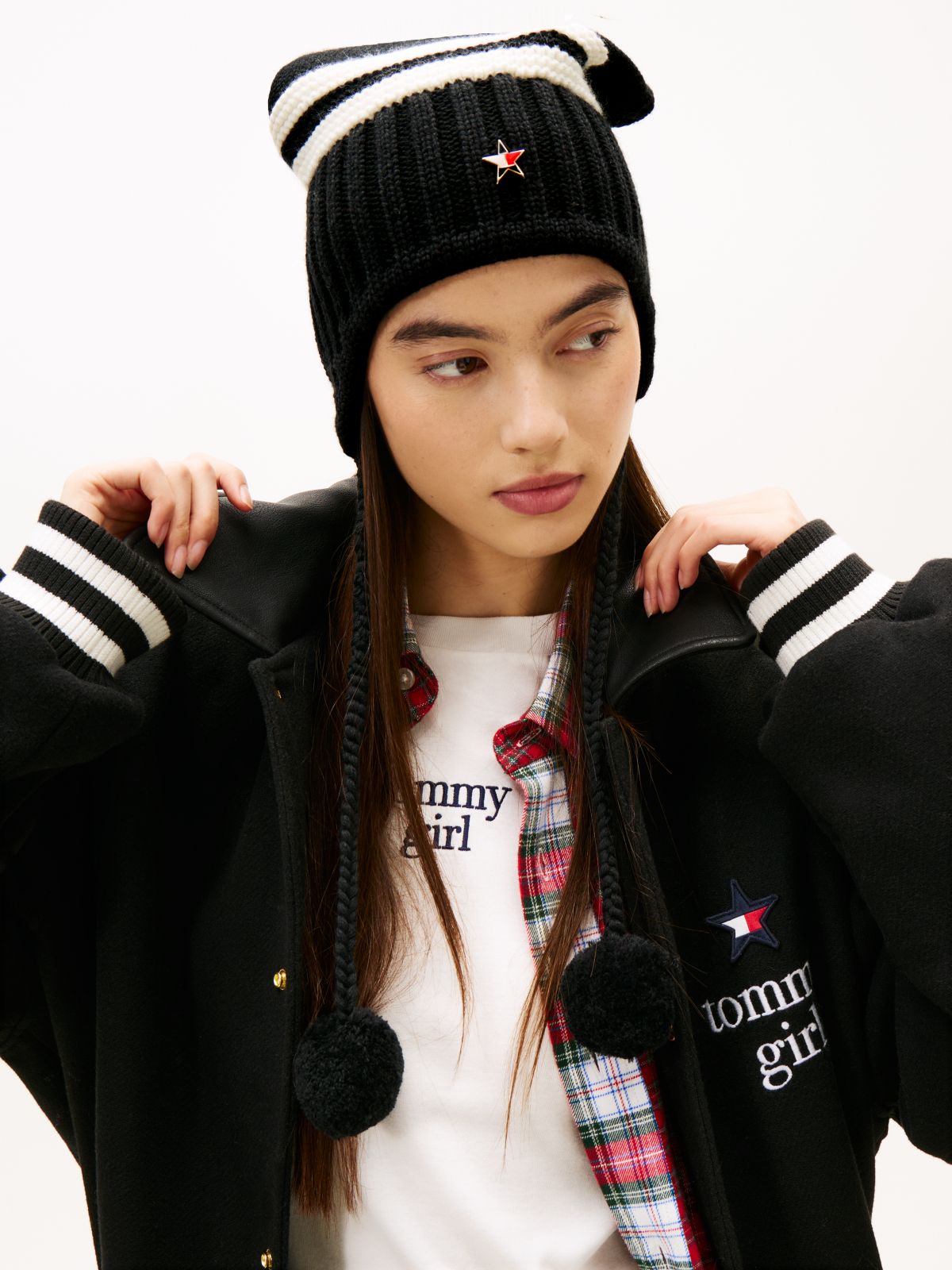 Tommy Girl Stripe Wool Blend Bauble Beanie — Black