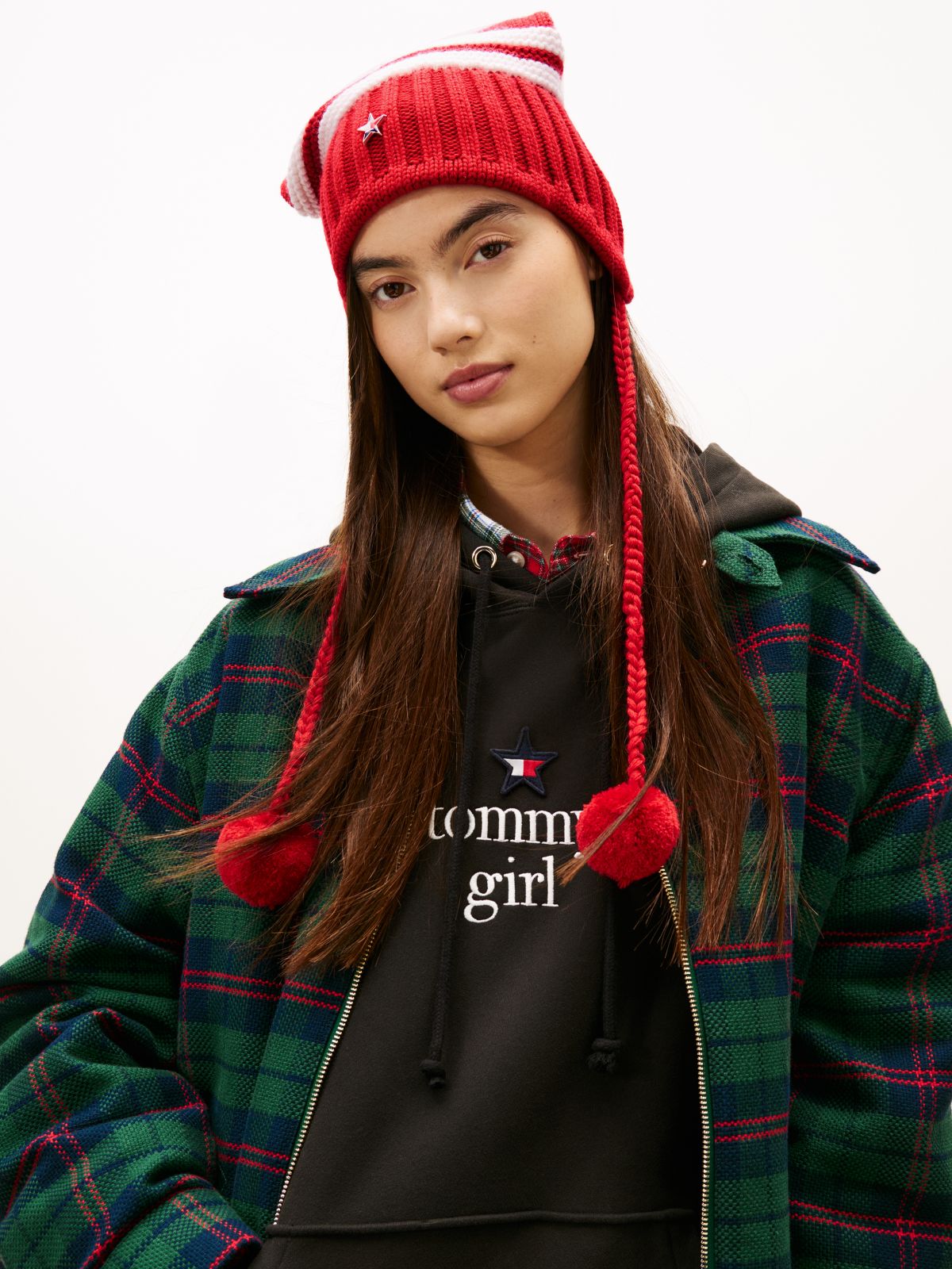 Tommy Girl Stripe Wool Blend Bauble Beanie — Red