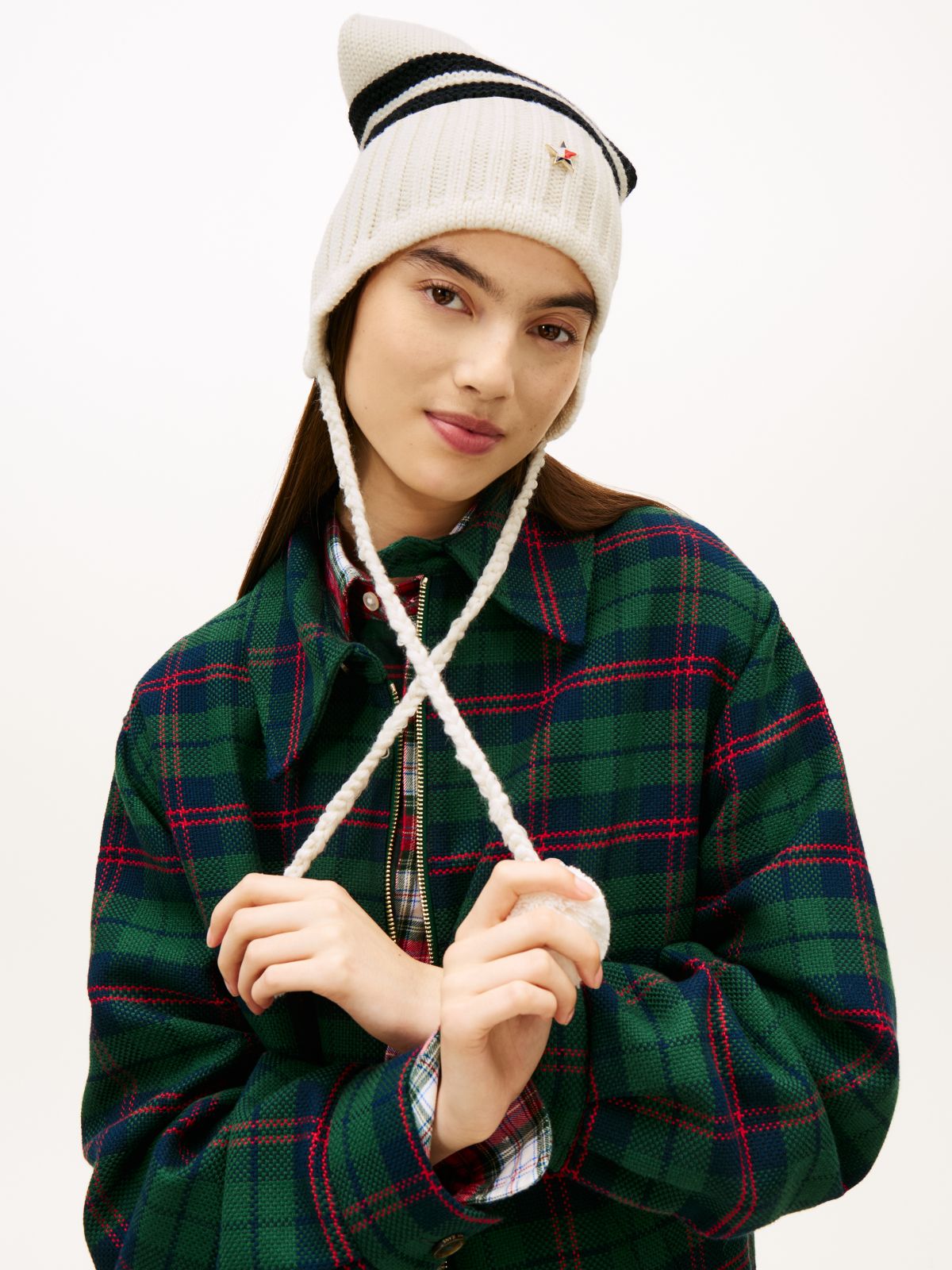 Tommy Girl Stripe Wool Blend Bauble Beanie — White