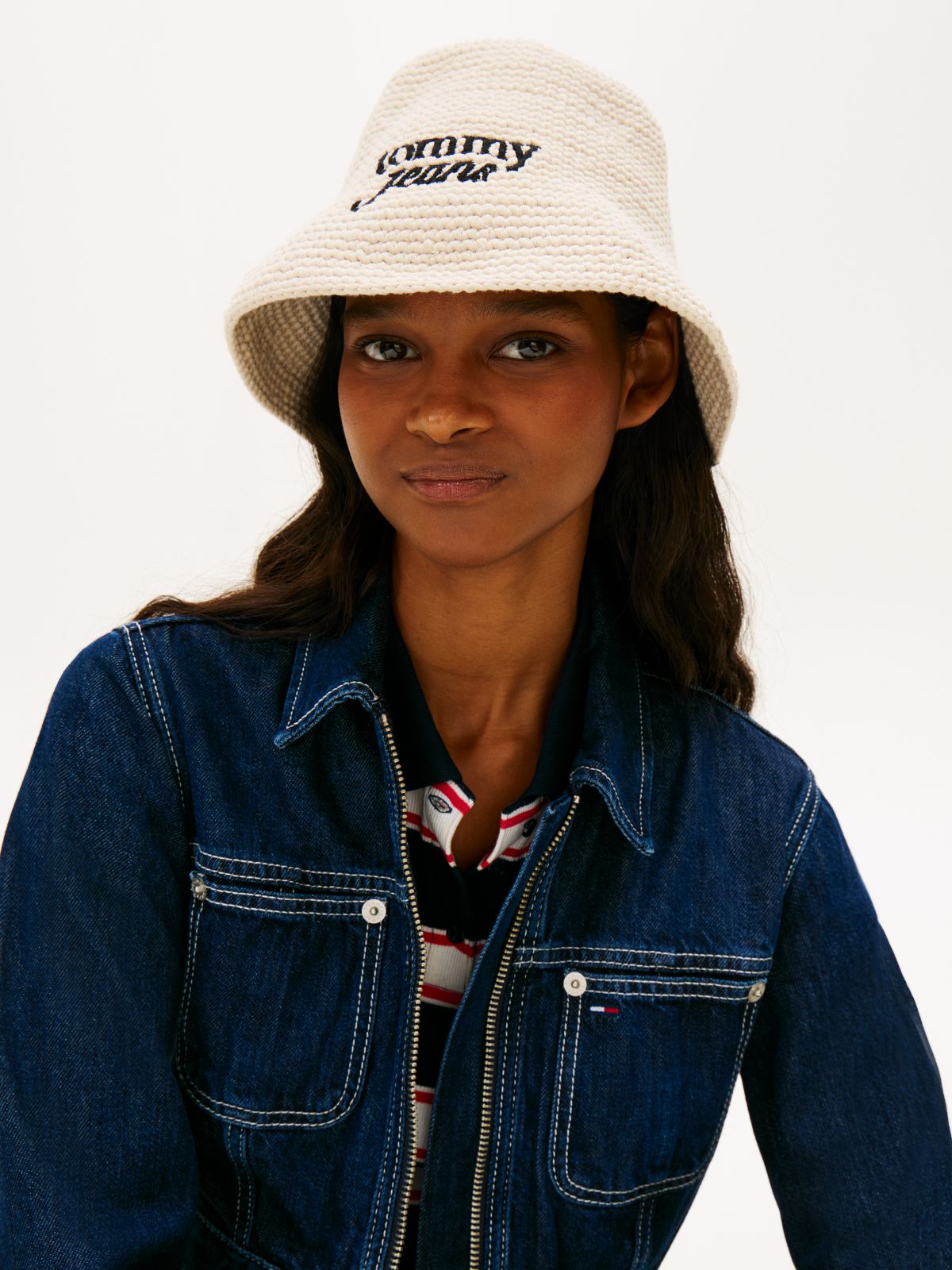 Crochet Logo Embroidery Bucket Hat — Beige