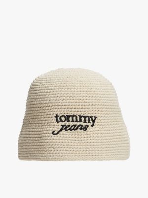 cappello a secchiello all'uncinetto con logo beige da donne tommy jeans
