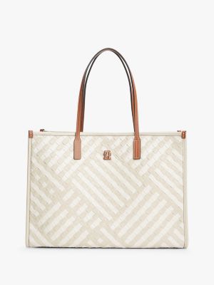 beige city gewebte tote-bag mit th-monogramm für damen - tommy hilfiger