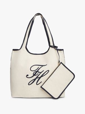 white canvas beach tote bag with pouch for women tommy hilfiger