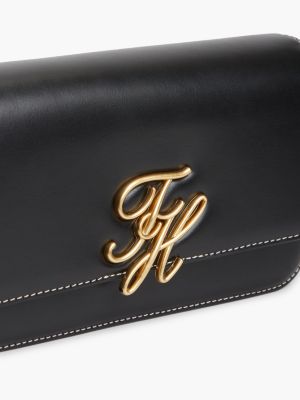 schwarz crossbody-ledertasche mit klappe und logo für damen - tommy hilfiger