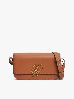 brown leather flap logo plaque crossbody bag for women tommy hilfiger