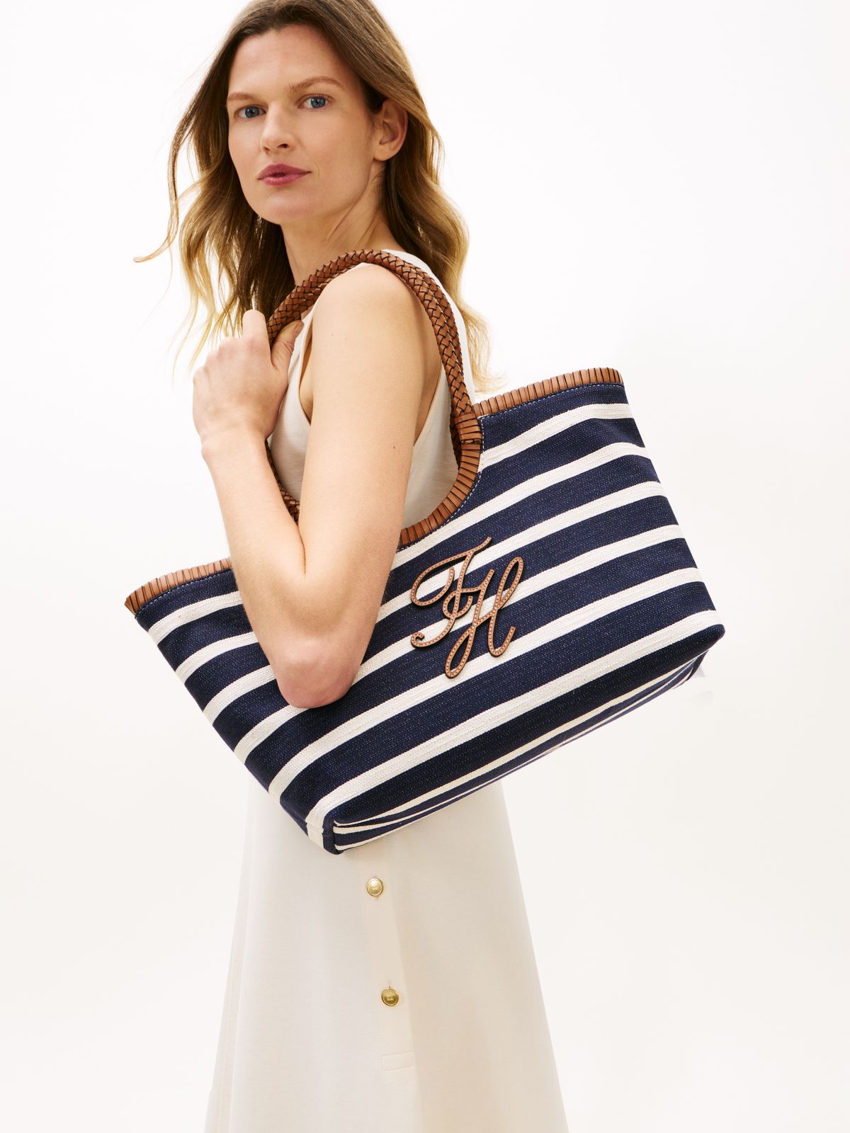 Stripe Textured Logo Tote Bag — Blue