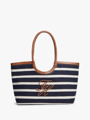 blue stripe textured logo tote bag for women tommy hilfiger