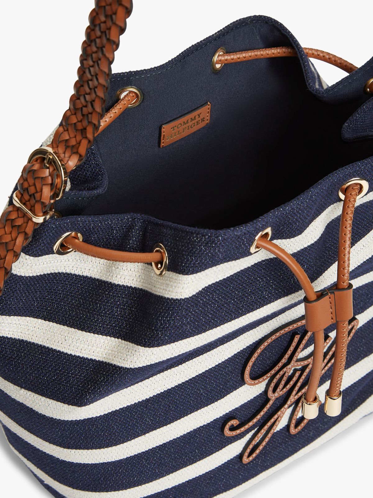 Stripe Logo Adjustable Bucket Bag — Blue
