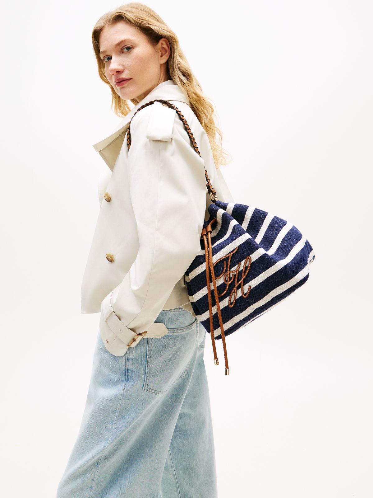 Stripe Logo Adjustable Bucket Bag — Blue