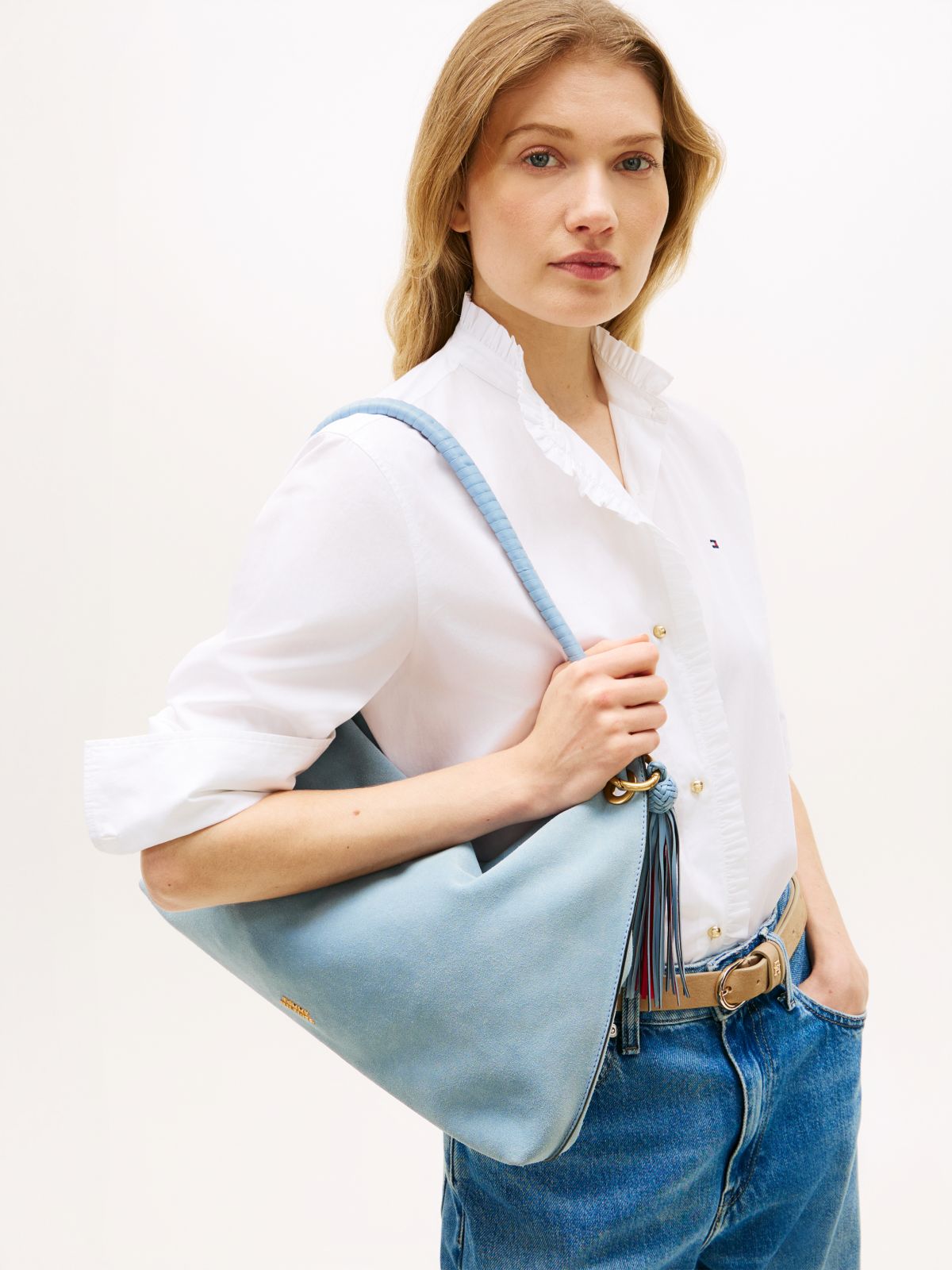 Suede Tassel Logo Shoulder Bag — Blue