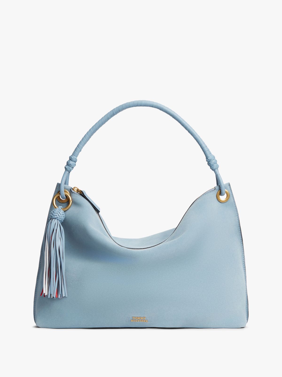 Suede Tassel Logo Shoulder Bag — Blue
