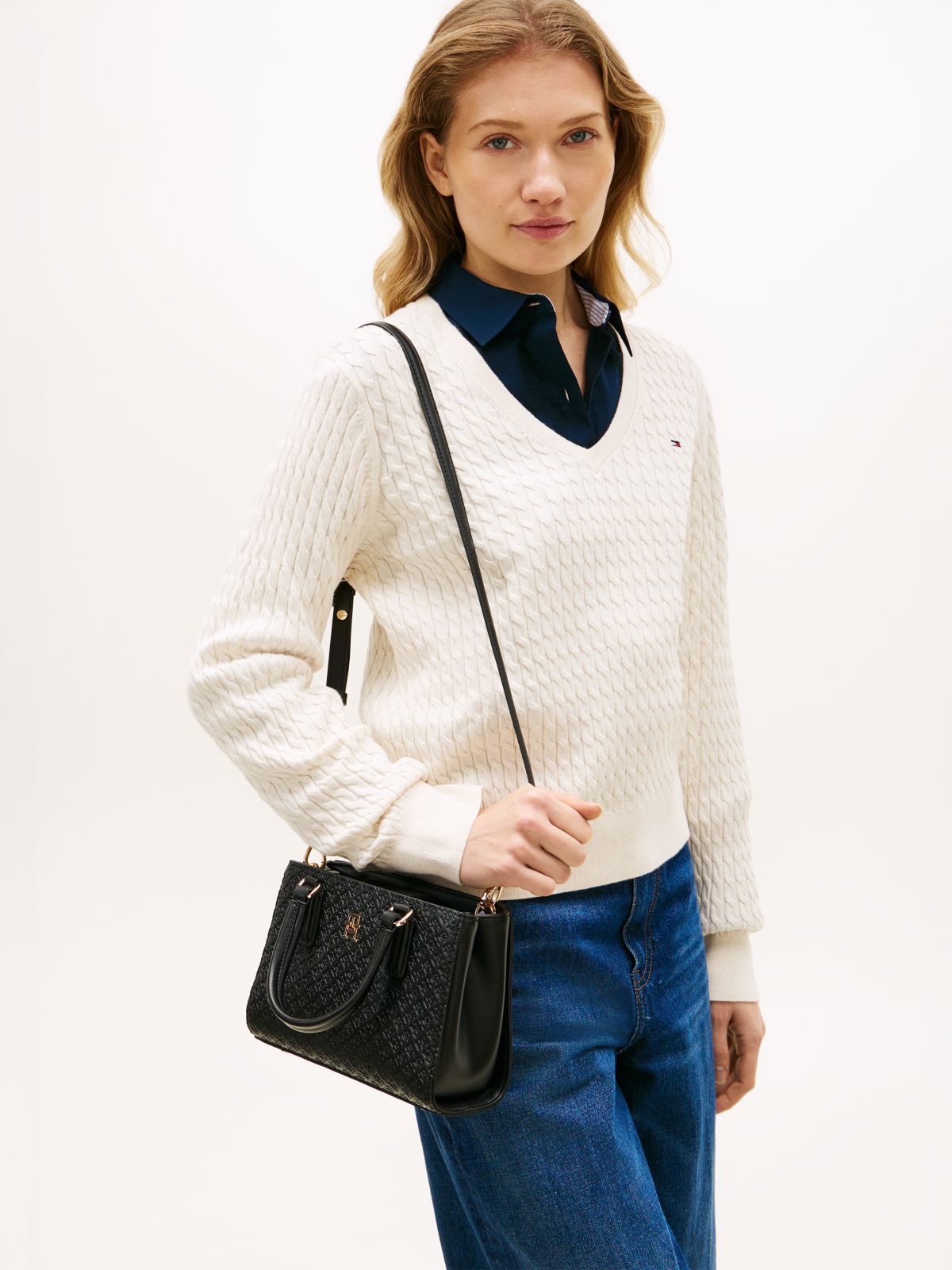 TH Monogram Crossbody Tote Bag — Black