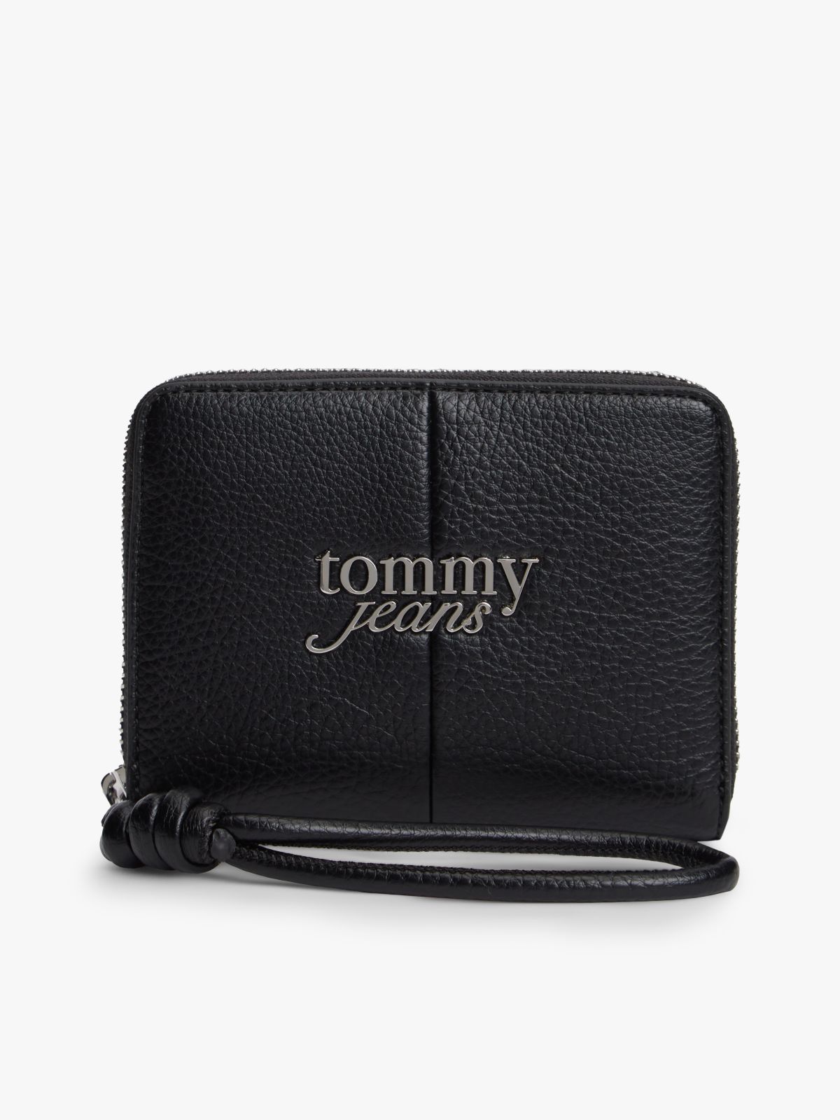 Wrist Strap Metal Logo Zip-Around Wallet — Black