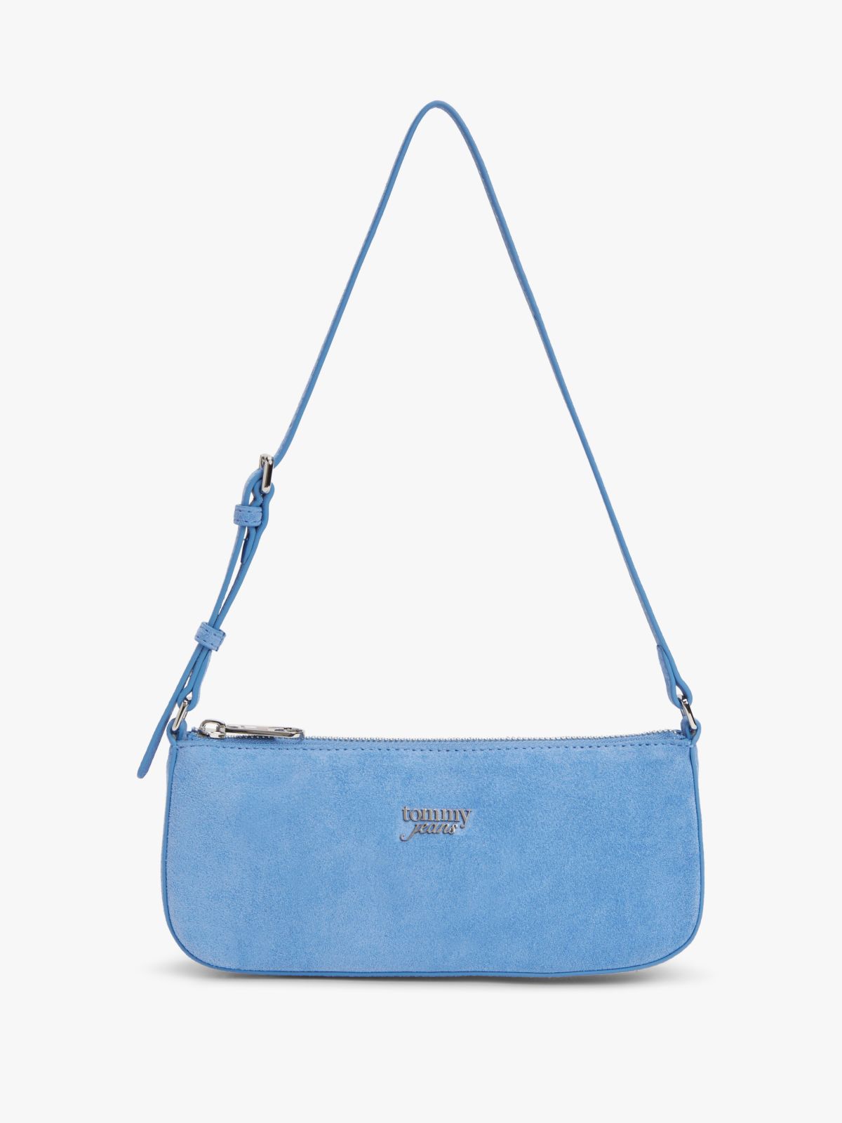 Suede Metal Logo Shoulder Bag — Blue