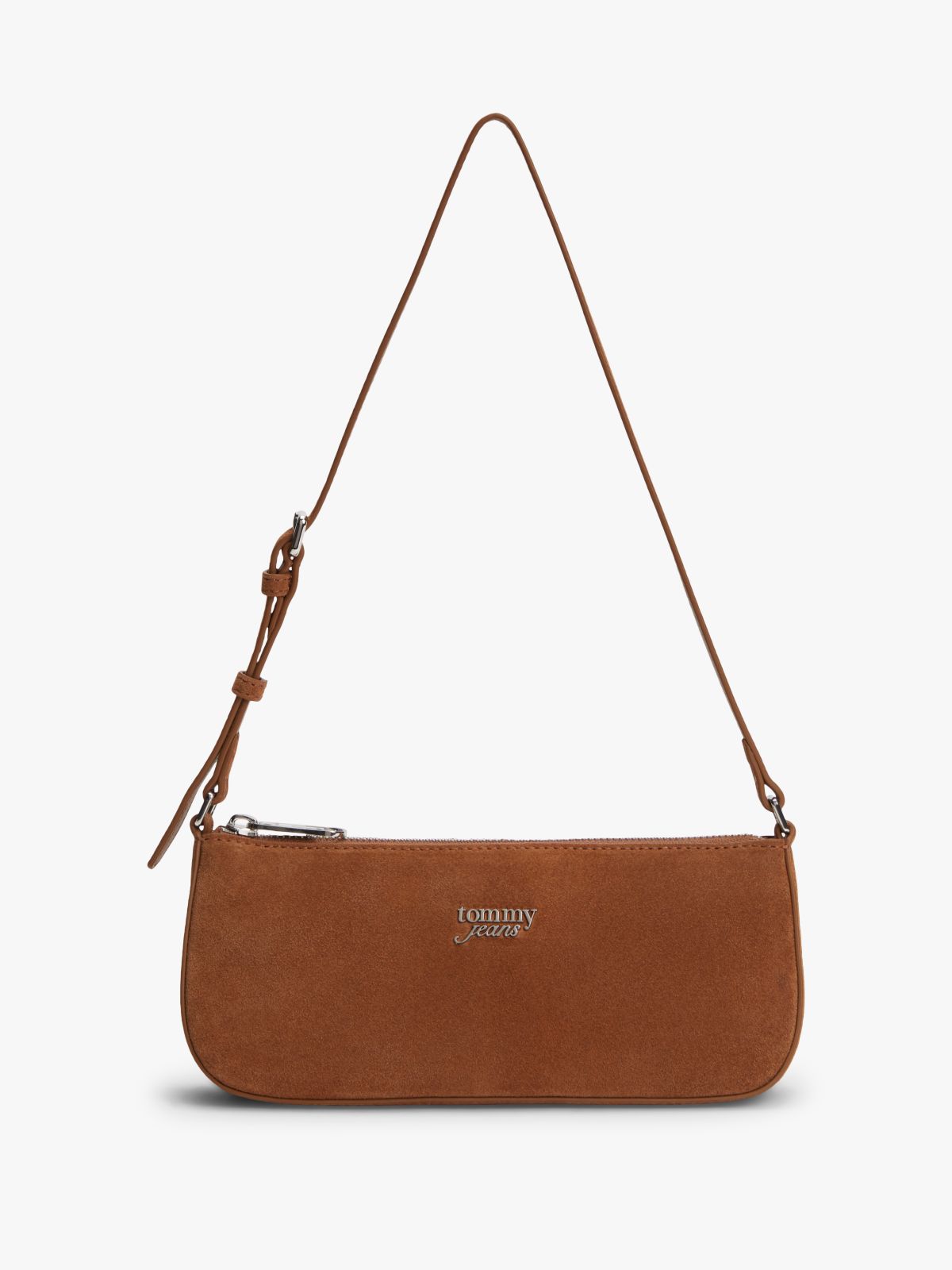 Suede Metal Logo Shoulder Bag — Brown