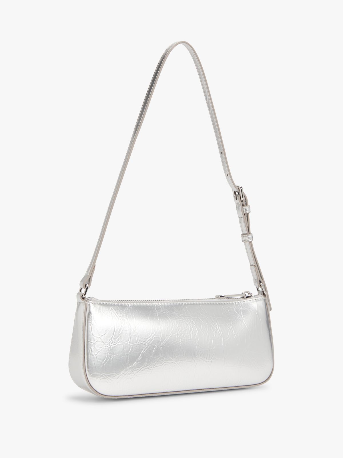Textured Logo Metallic Shoulder Bag — Grey