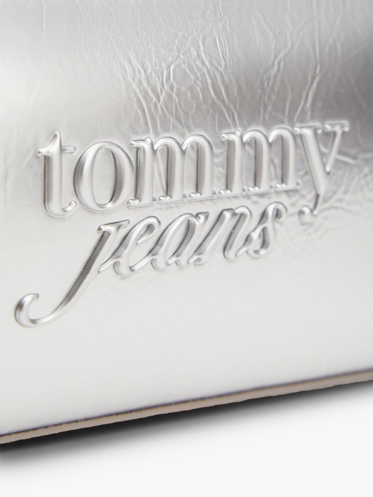 Textured Logo Metallic Shoulder Bag — Grey