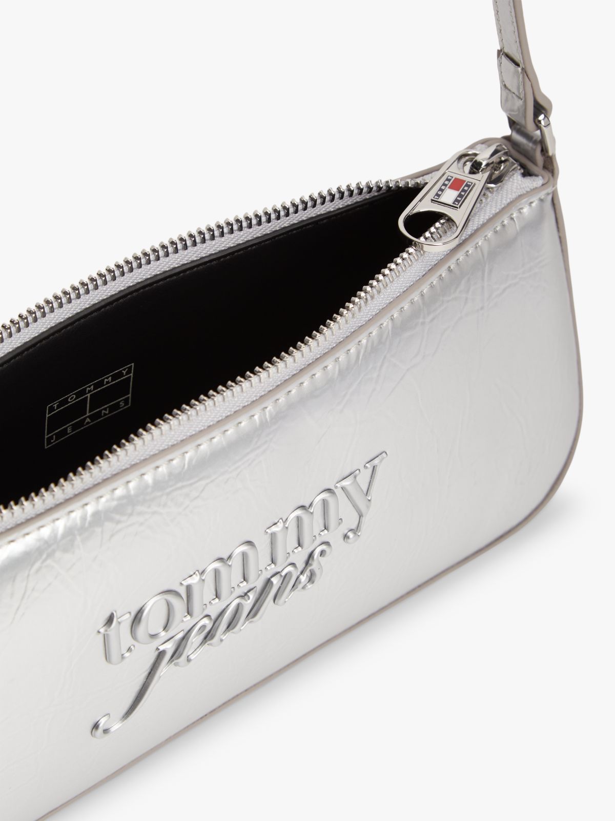 Textured Logo Metallic Shoulder Bag — Grey