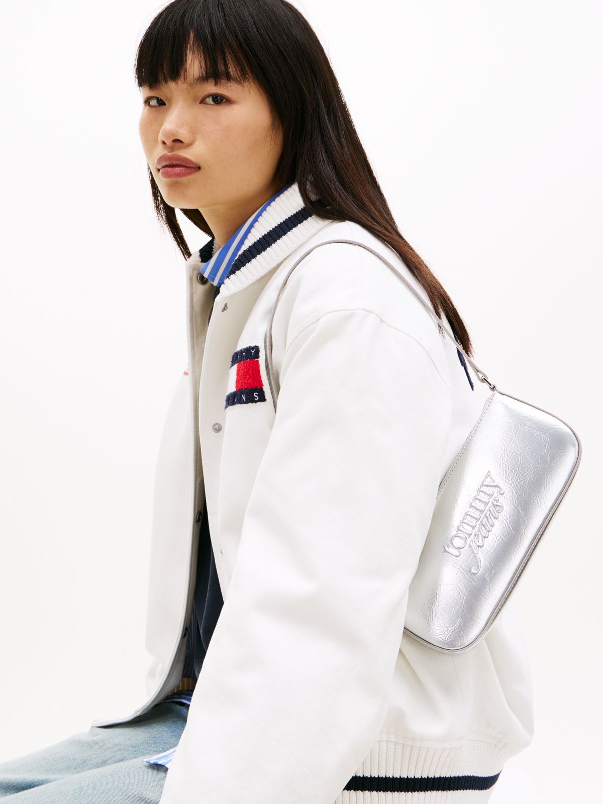 Textured Logo Metallic Shoulder Bag — Grey