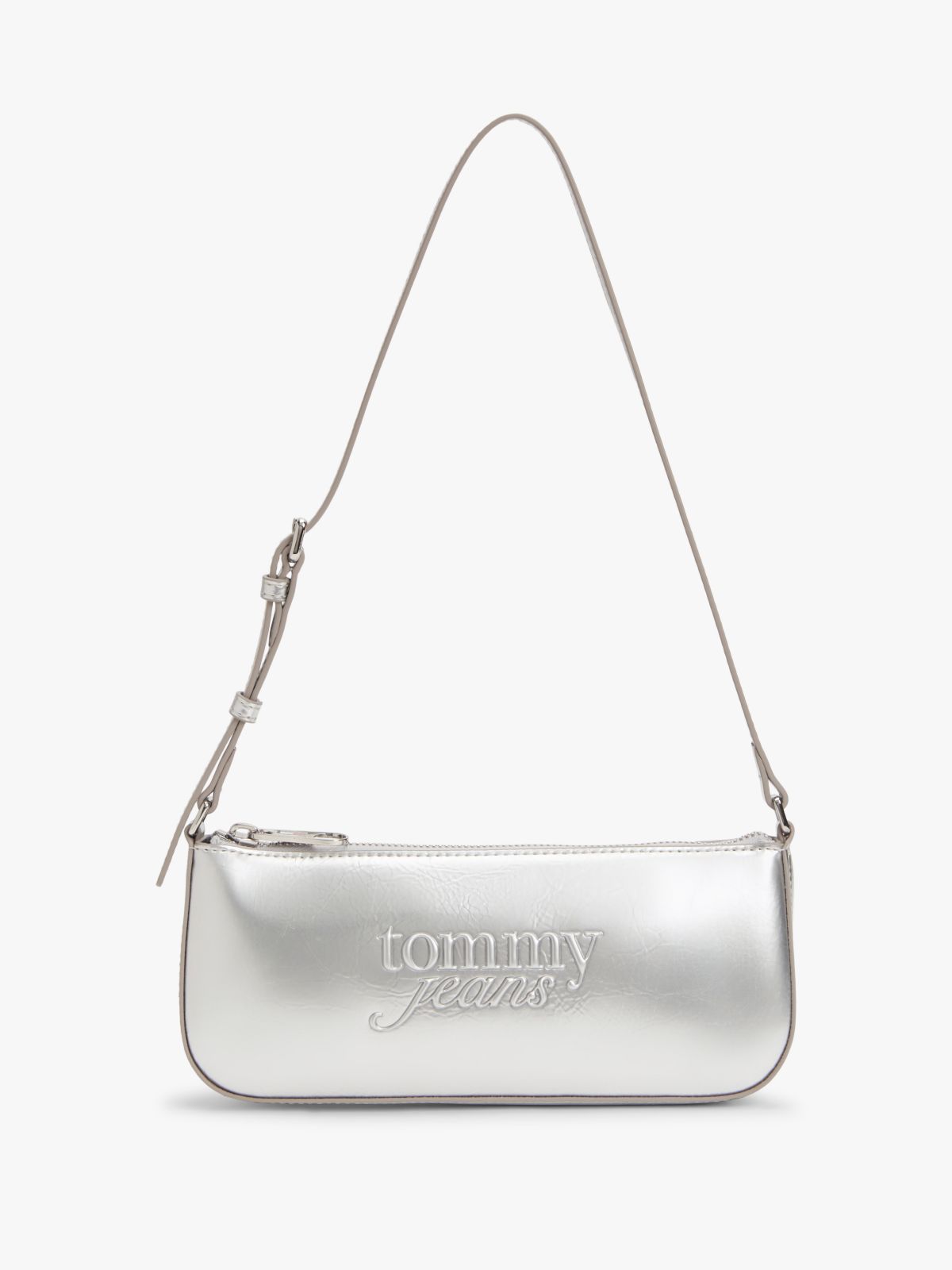 Textured Logo Metallic Shoulder Bag — Grey