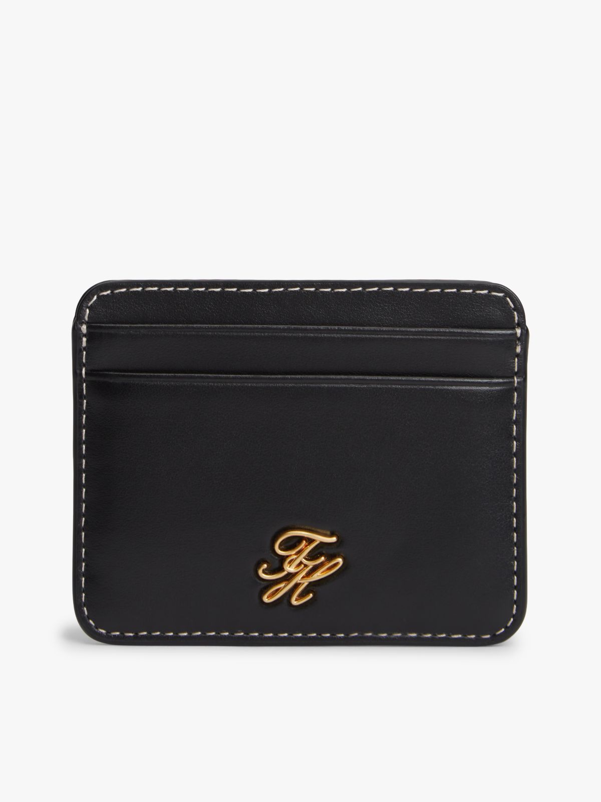 Logo Plaque Leather Card Holder — Black