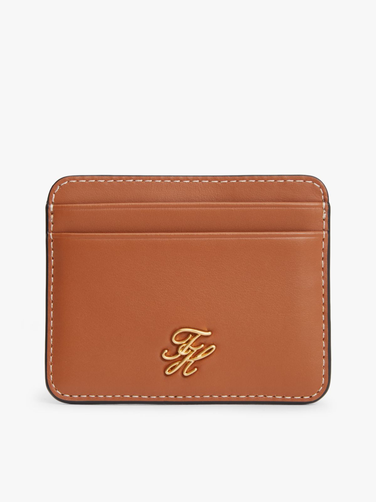 Logo Plaque Leather Card Holder — Brown