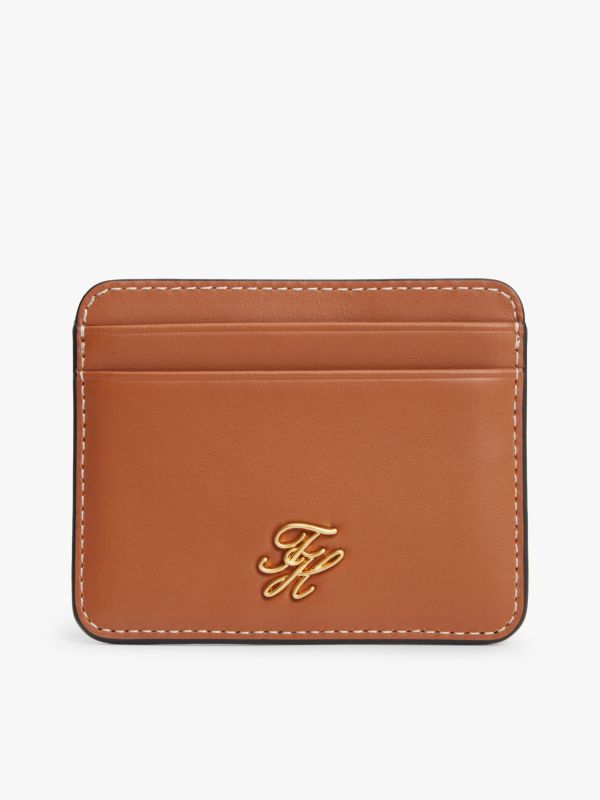Logo Plaque Leather Card Holder — Brown