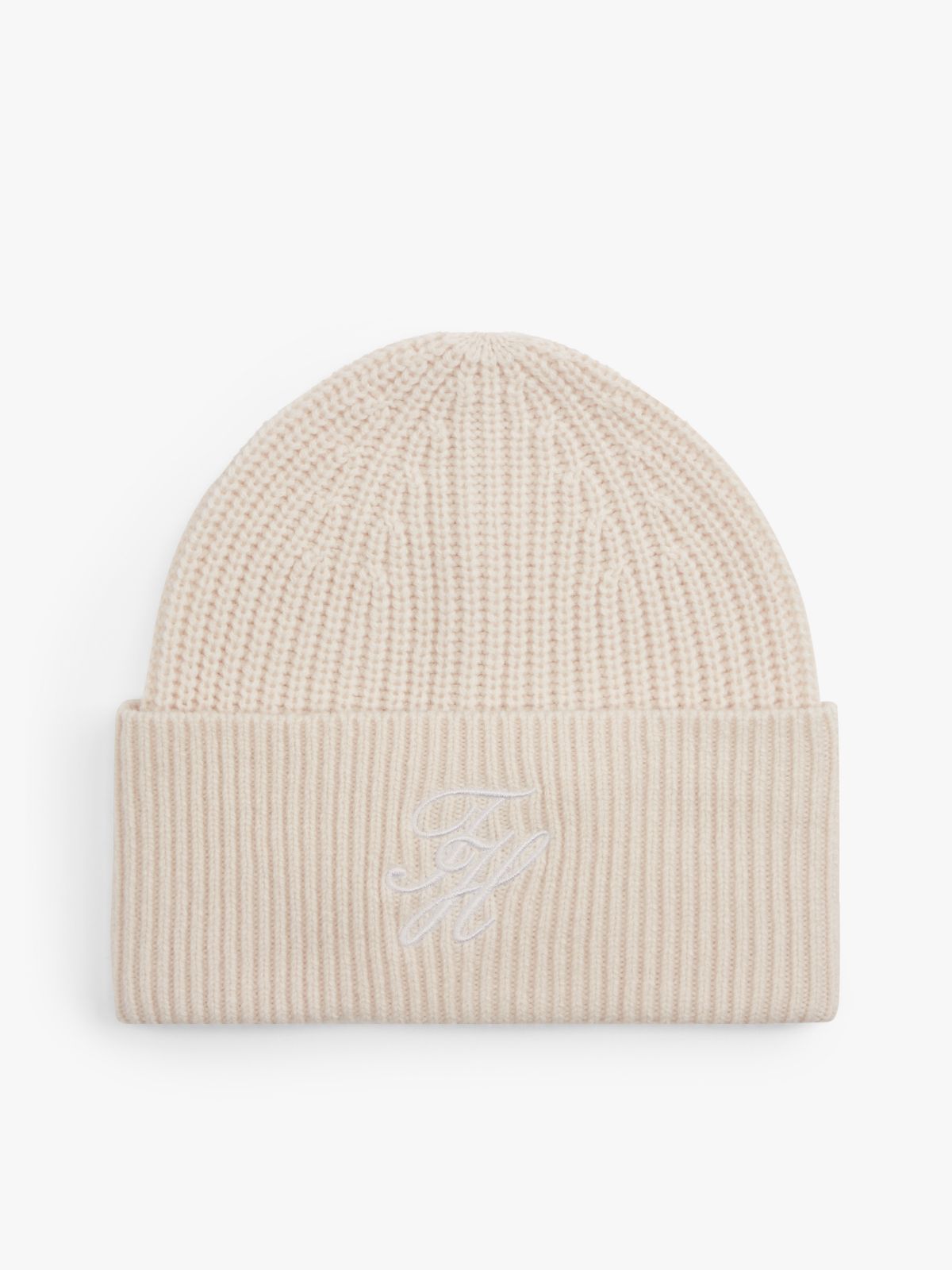 Cashmere Blend Logo Embroidery Beanie — Beige