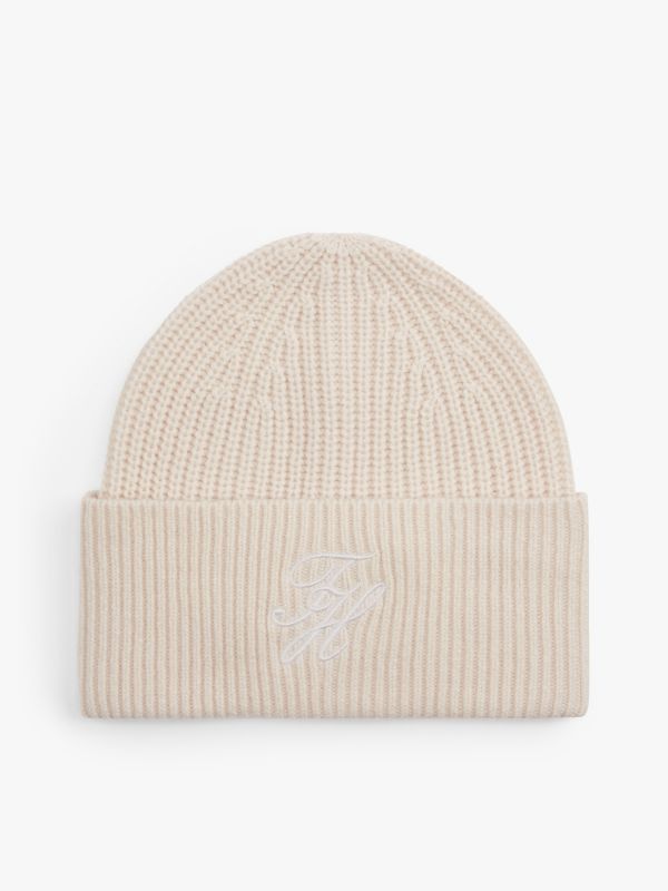 Cashmere Blend Logo Embroidery Beanie — Beige