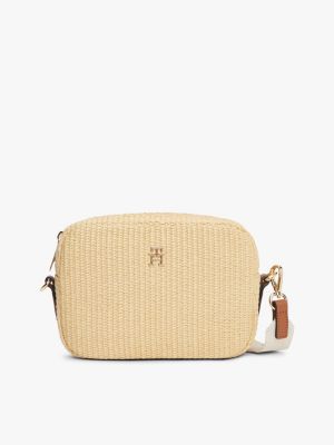 beige raffia crossbody camera bag for women tommy hilfiger