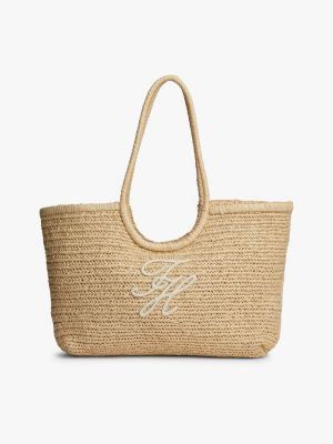 beige raffia textured logo tote bag for women tommy hilfiger