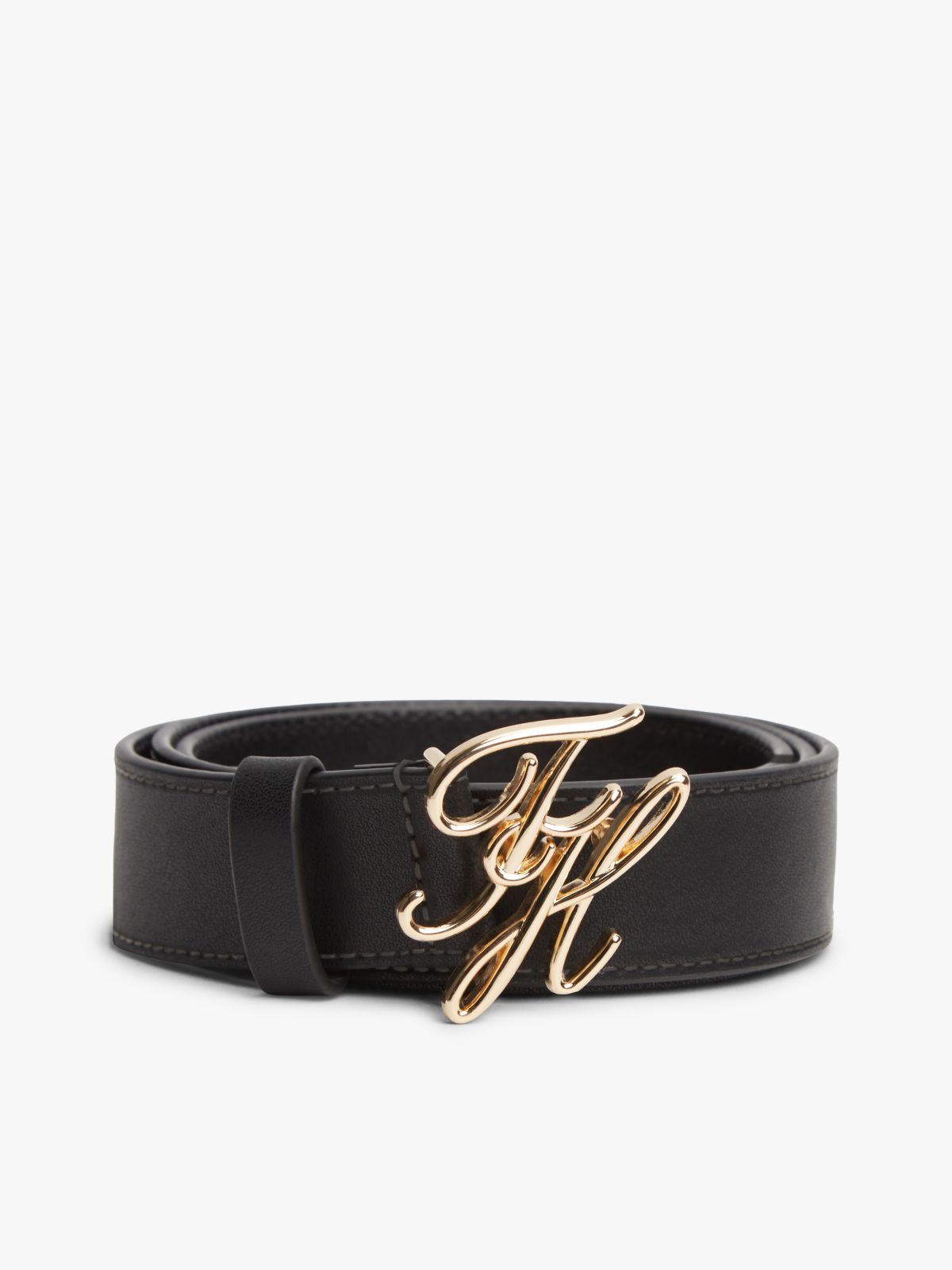 Leather Logo Plaque Buckle Belt — Black
