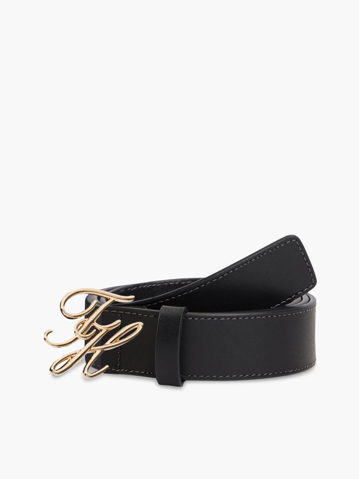 Leather Logo Plaque Buckle Belt — Black