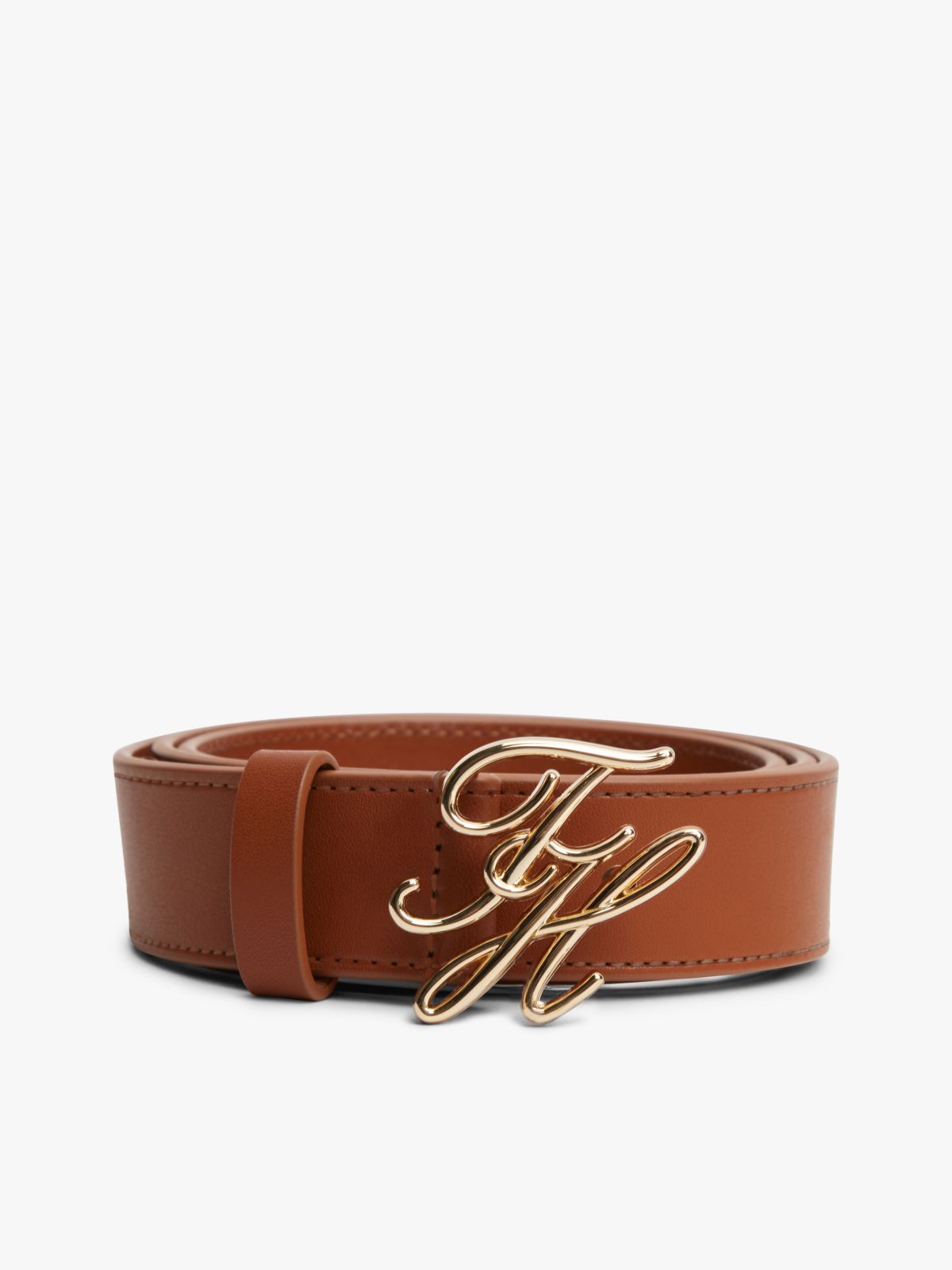 Leather Logo Plaque Buckle Belt — Brown